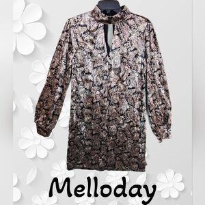Melloday Velvet Women Mini Dress Sz S Cut Out High Neck Long Sleeves Mute Color